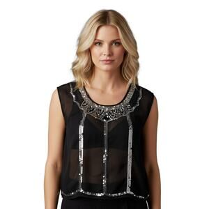 Decree Womens Embellished Sheer Top Sequin Cap Sleeve Y2K Glam Date Night Sz Sm